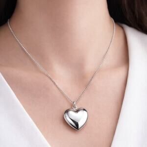 High Polish Heart Pendant Necklace 22” Sterling Silver Chain Valentine's Day Gif